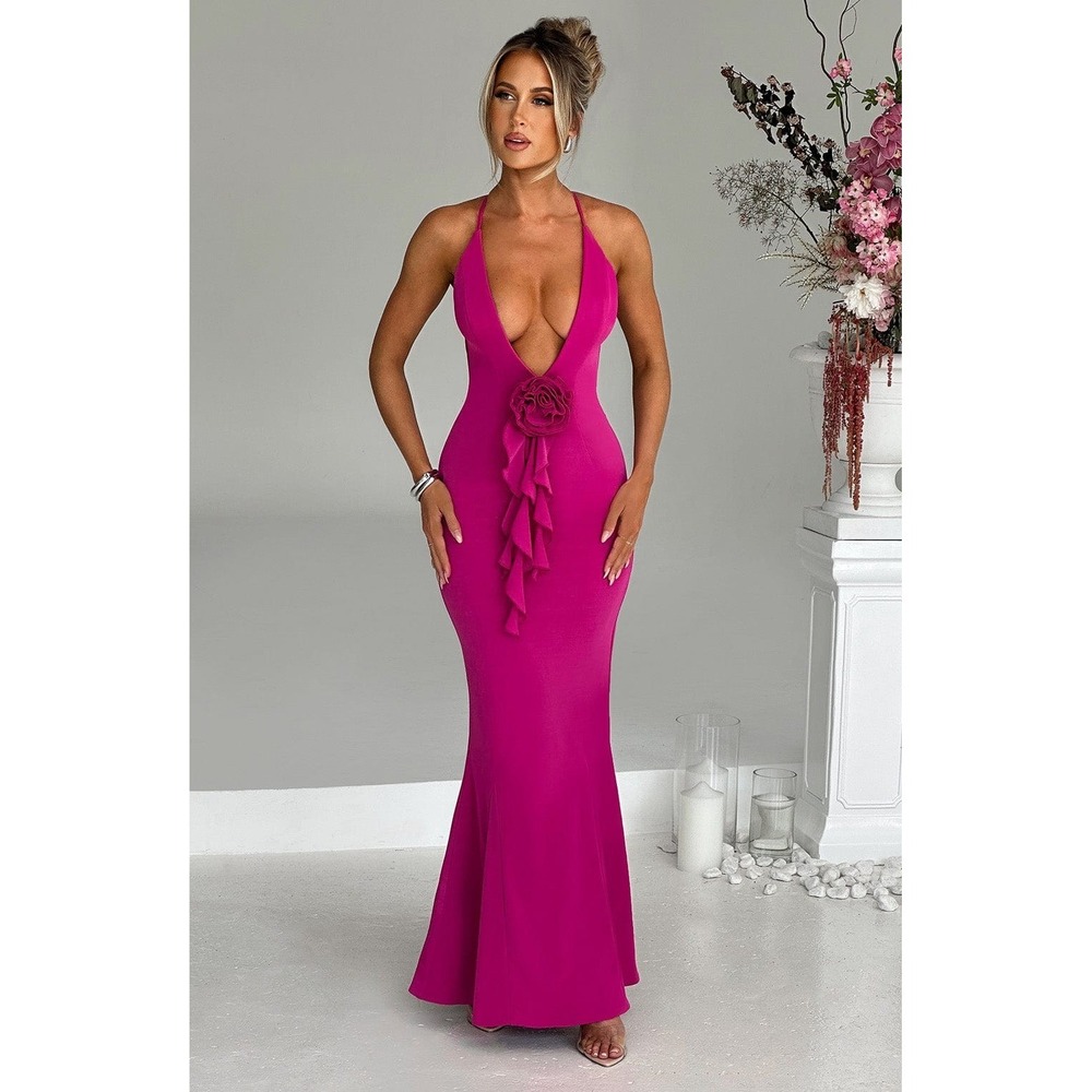 BABYBOO NWT Constantina  Ruffle Floral Maxi Dress in‎ Hot Pink - Size Small